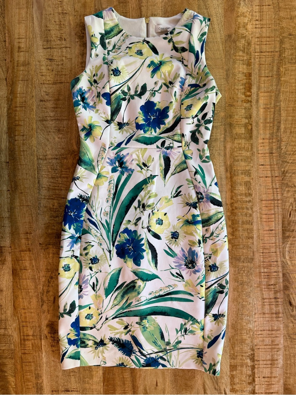 Calvin Klein Size 8 Floral Sheath Dress Blue Green Wedding Guest Career